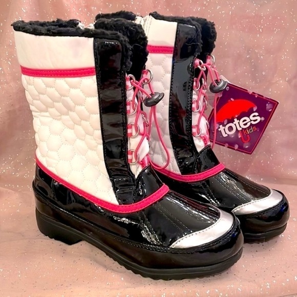 Brand New Totes Girls Cold Weather Boots Zippered Black White Pink Warm Winter - Picture 1 of 14